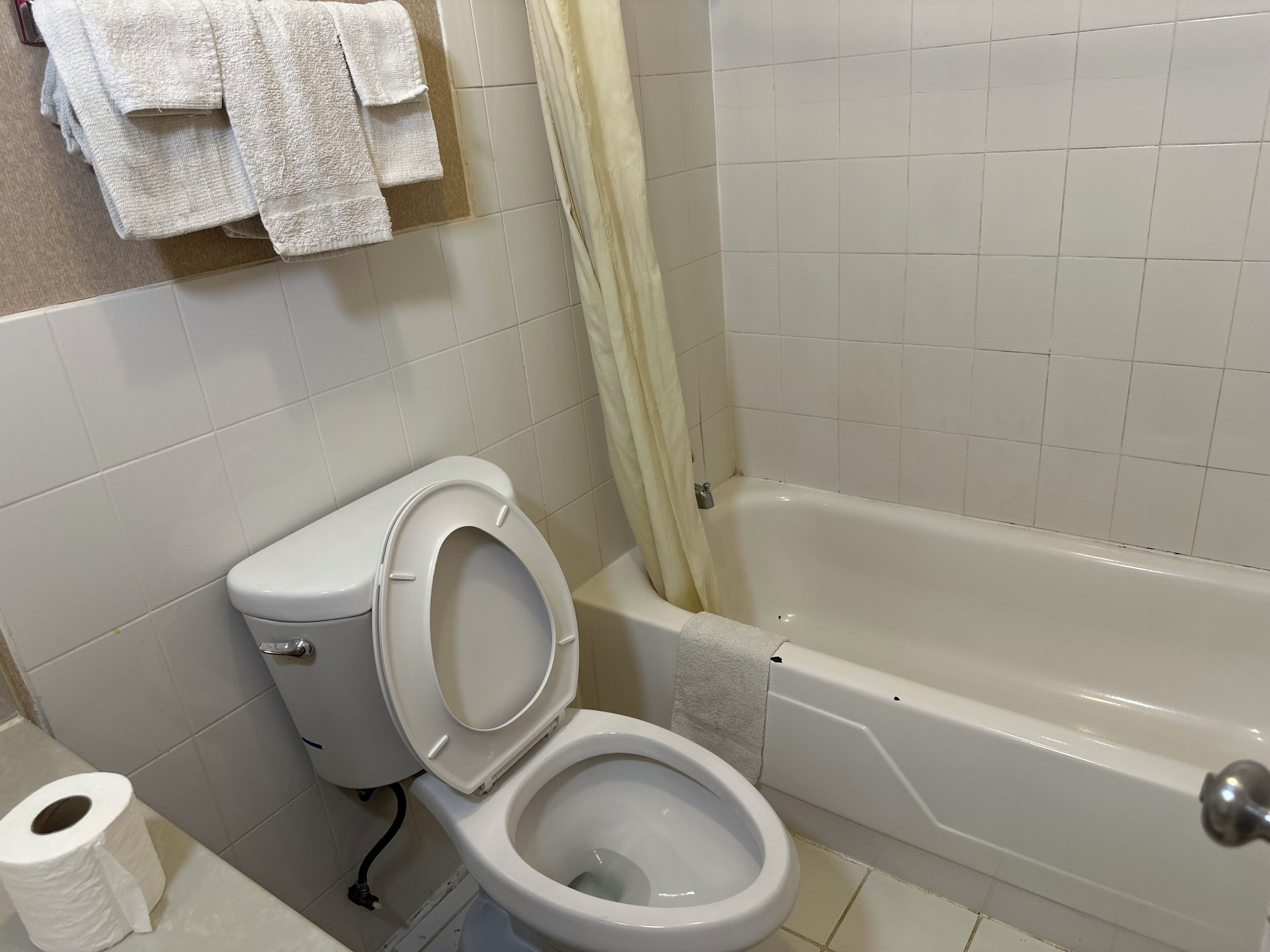A bathroom with a toilet, a bathtub, and a toilet paper roll.