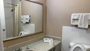 A bathroom with a sink, mirror, toilet, and towels.