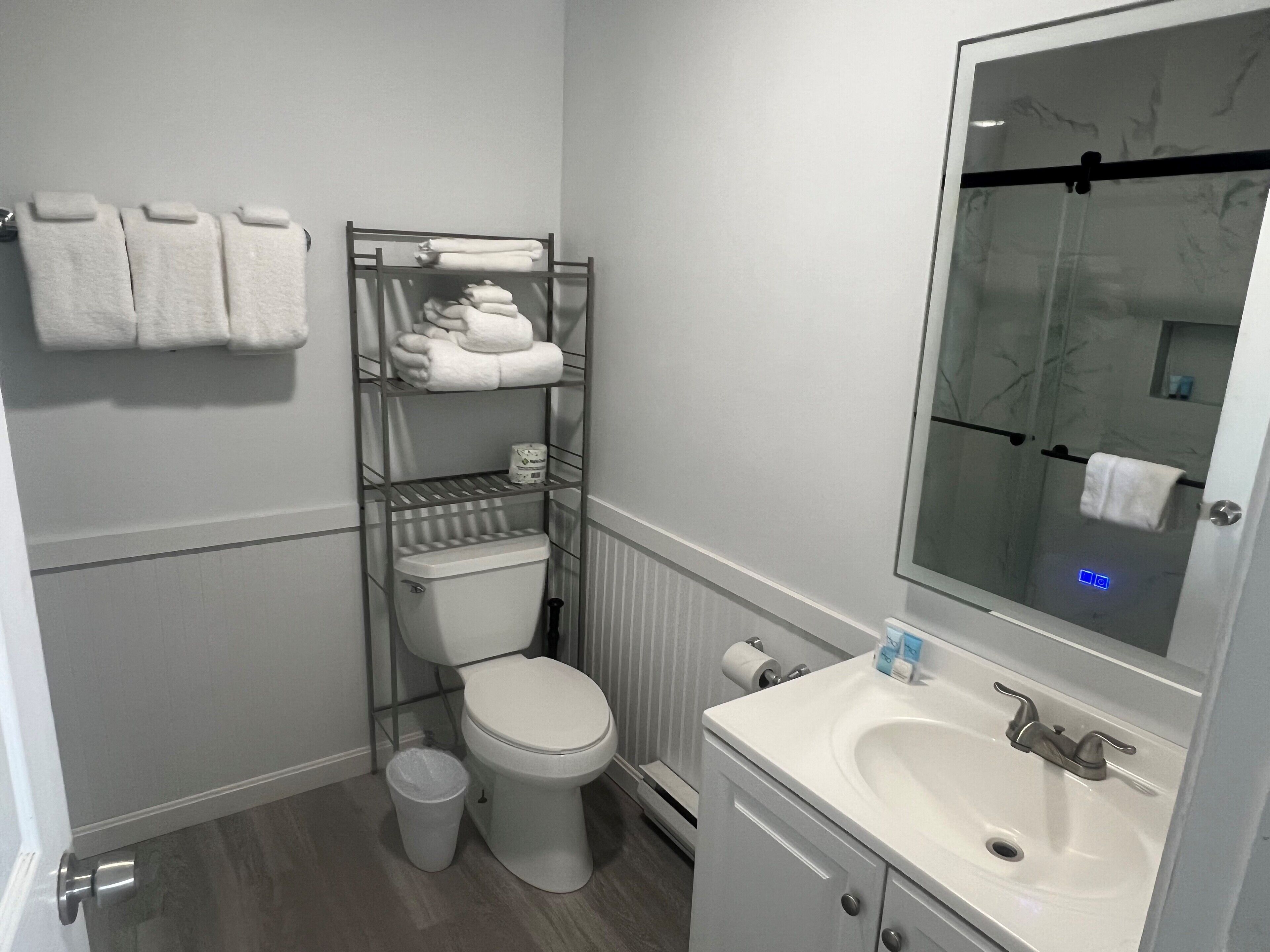 Ein kleines Badezimmer mit Toilette, Waschbecken, Handtuchhalter und einer Duschkabine aus Glas.