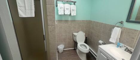 A bathroom with a shower, toilet, and sink.
