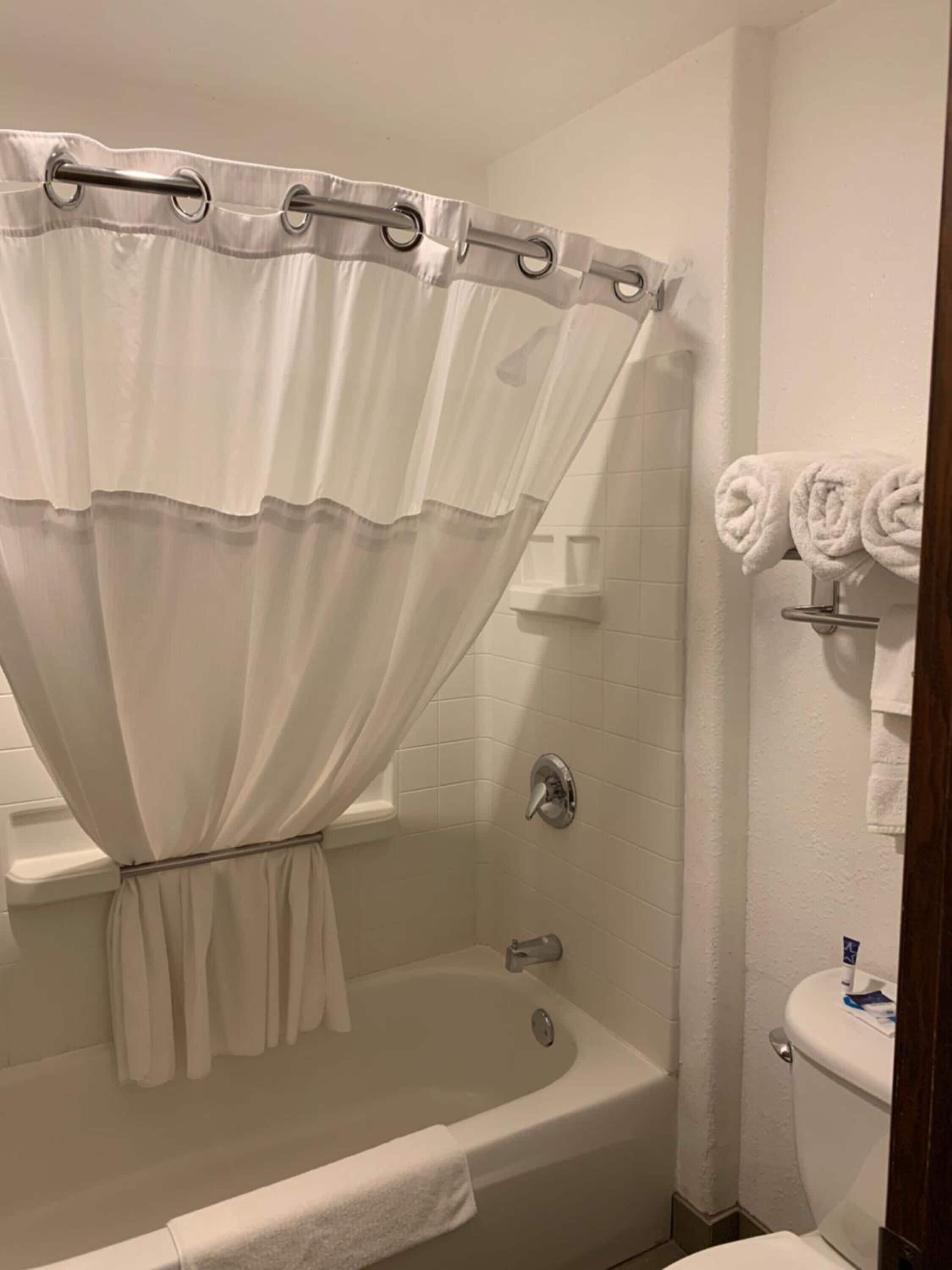 Un baño con bañera, cortina de ducha y retrete.