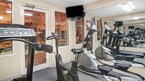 Een sportschool met hometrainers, loopbanden en een spiegelwand.