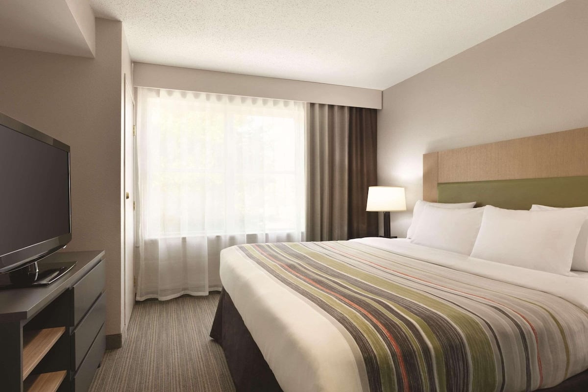 A hotel room with a bed, a TV, a lamp, and a window with curtains.