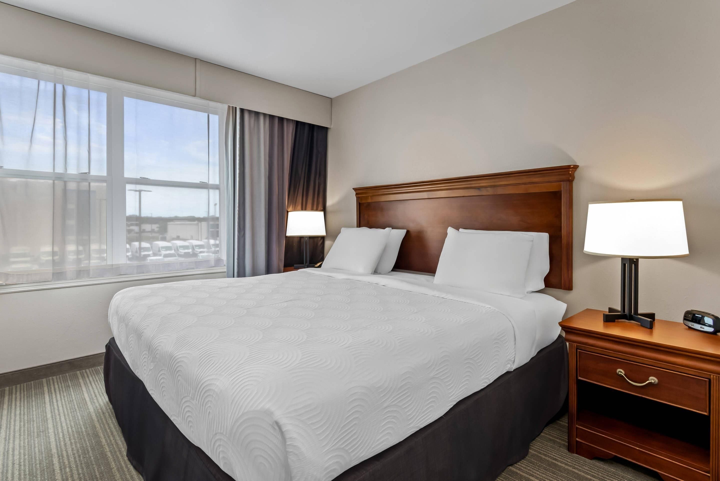 A hotel room with a large bed, a nightstand with a lamp, a window with curtains, and a view of the outside.