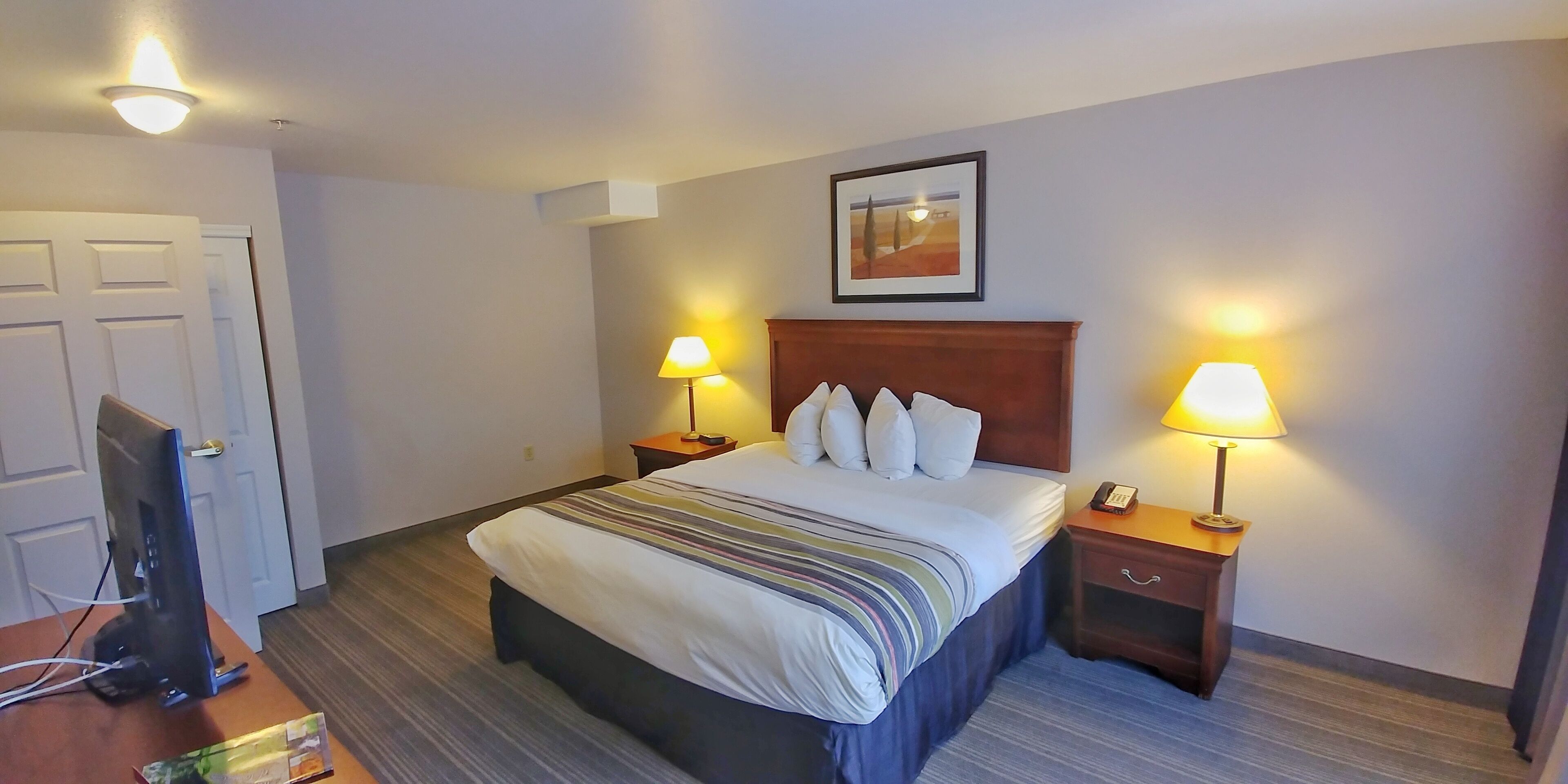 Habitación de hotel con cama, dos lámparas de noche, un televisor y un cuadro en la pared.
