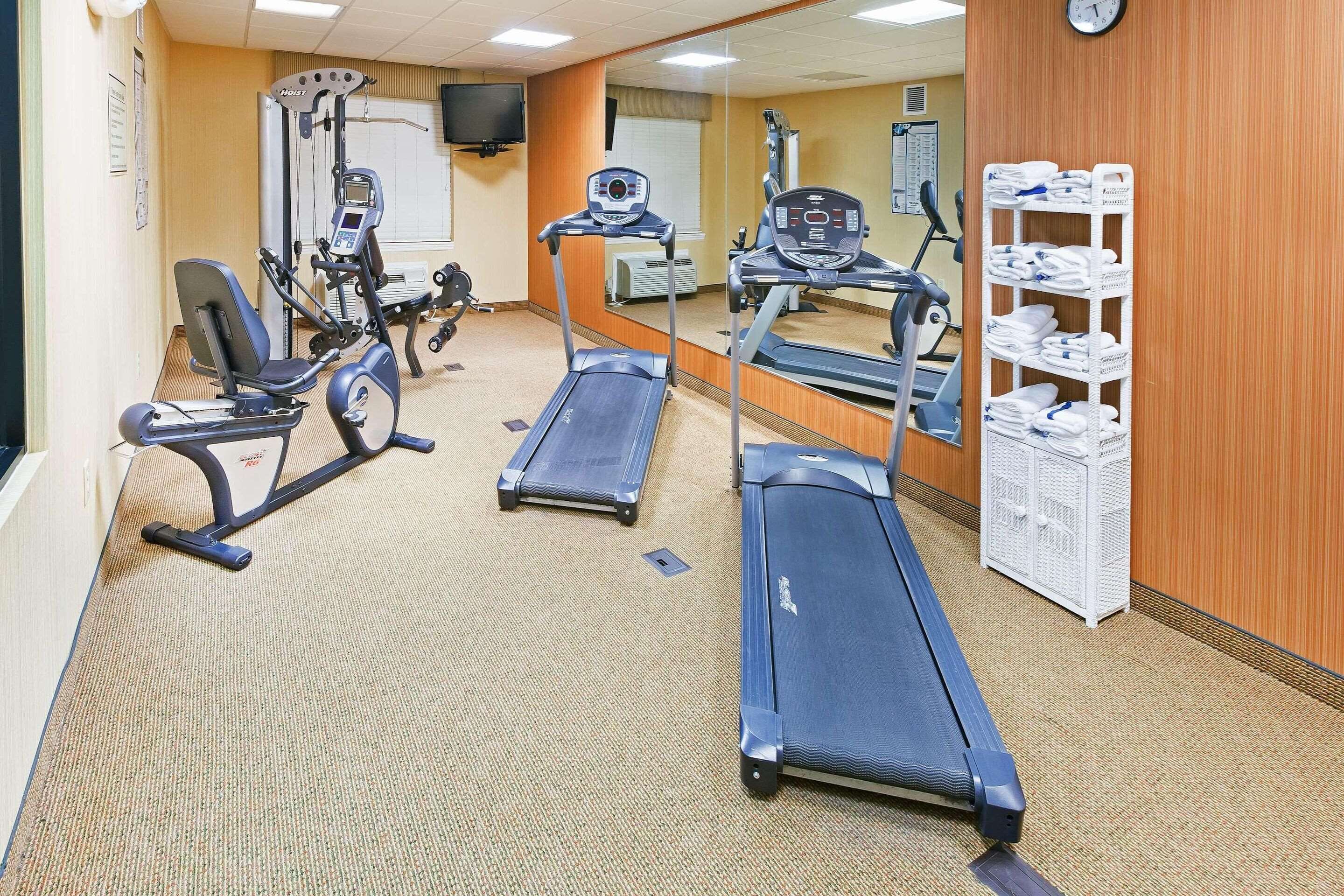 A gym with treadmills, elliptical machines, and a mirrored wall.