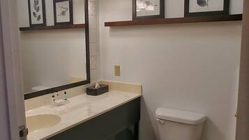 Un baño con lavamanos blanco, espejo, inodoro y un cubo de basura.