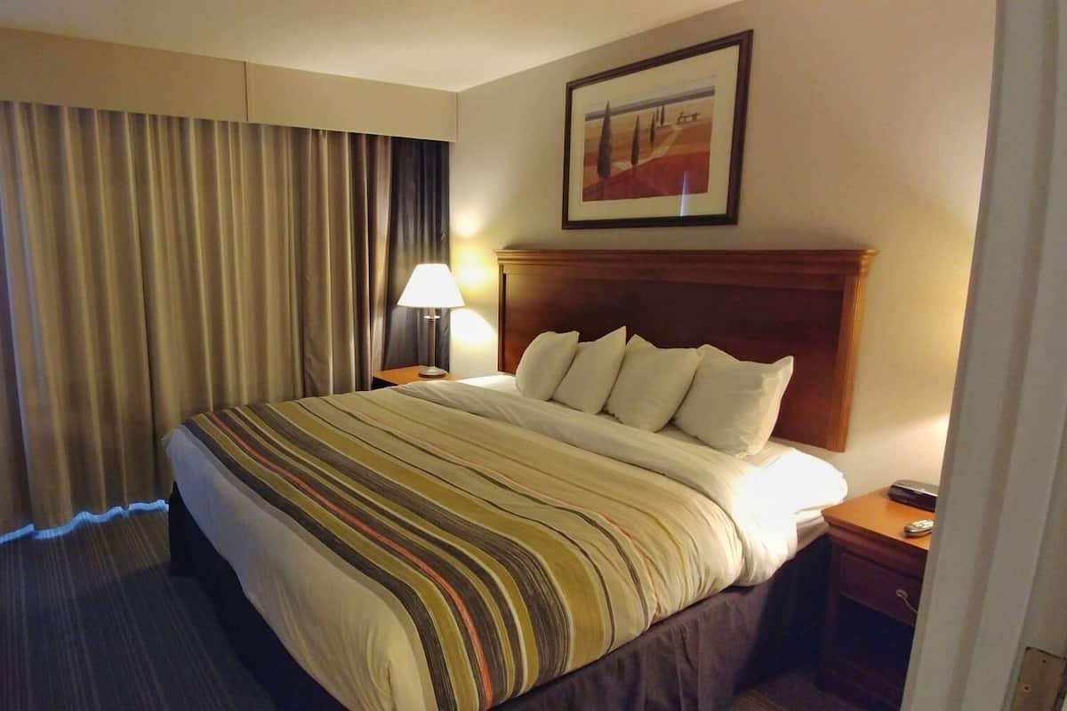 A hotel room with a bed, curtains, a lamp, a framed picture, and a nightstand.