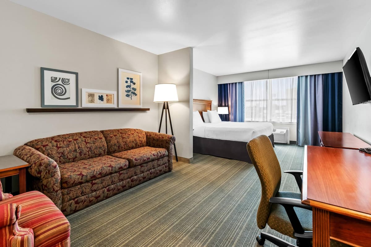 A hotel room with a sofa, a bed, a desk, a chair, and artwork on the wall.