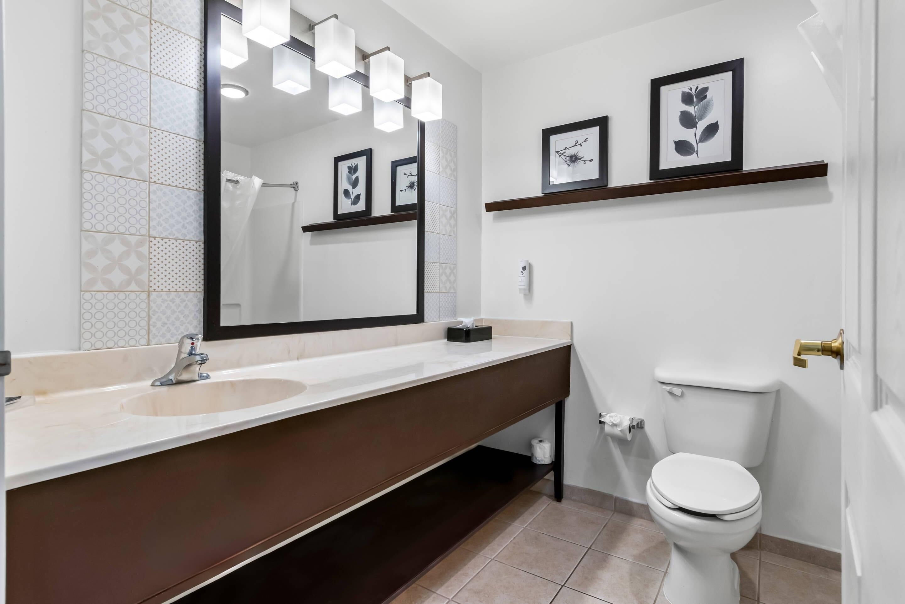 A bathroom with a large mirror, a sink, a toilet, and framed pictures on the wall.