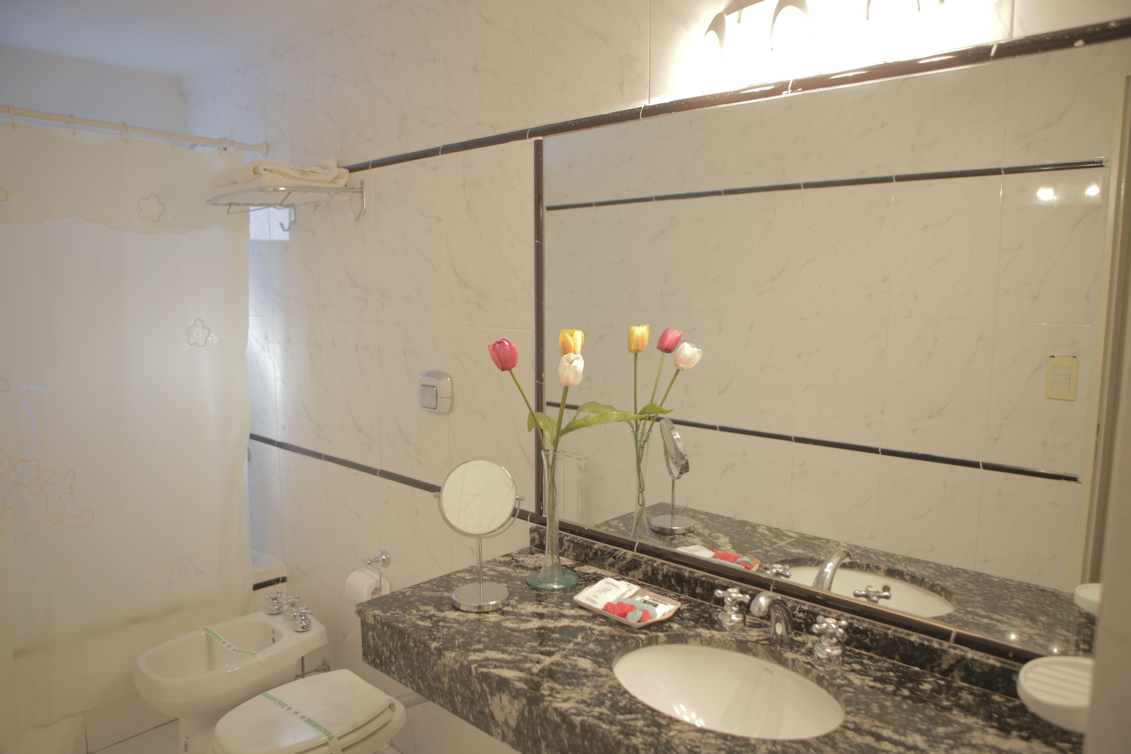 A bathroom with a marble sink, a mirror, and a toilet.