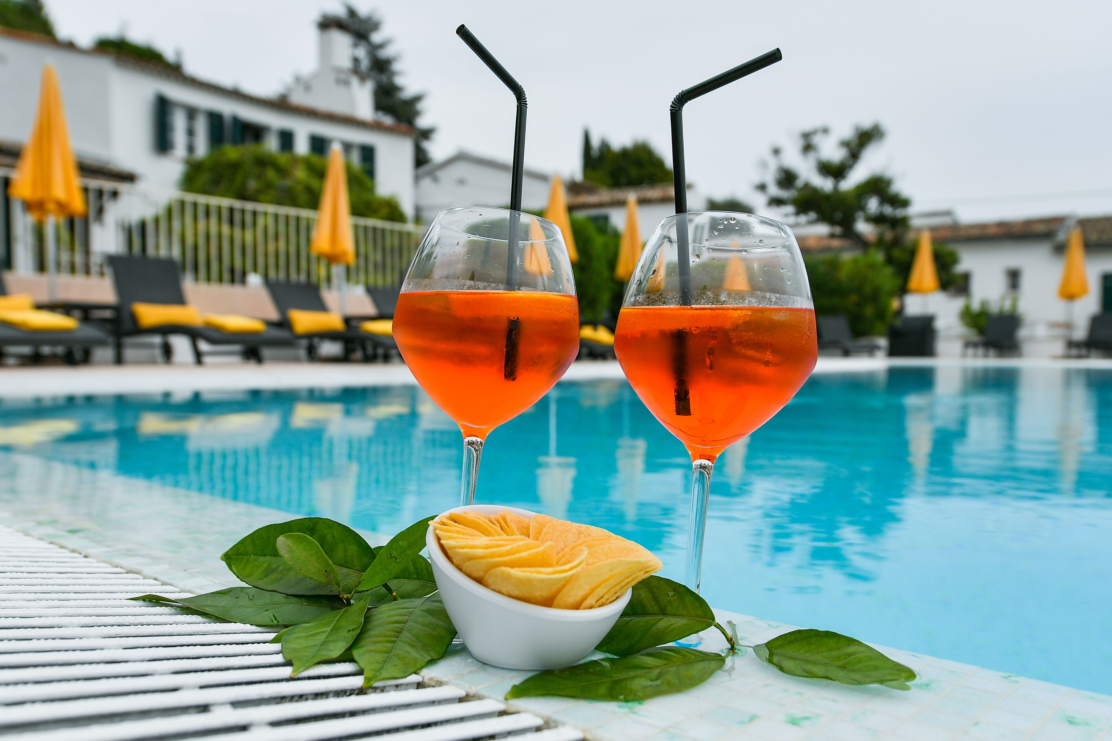 outdoor pool, pool loungers