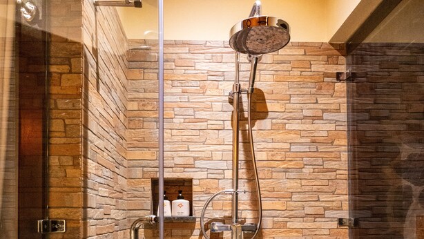 Ducha con pared de piedra, puerta de cristal y estante con artículos de aseo.