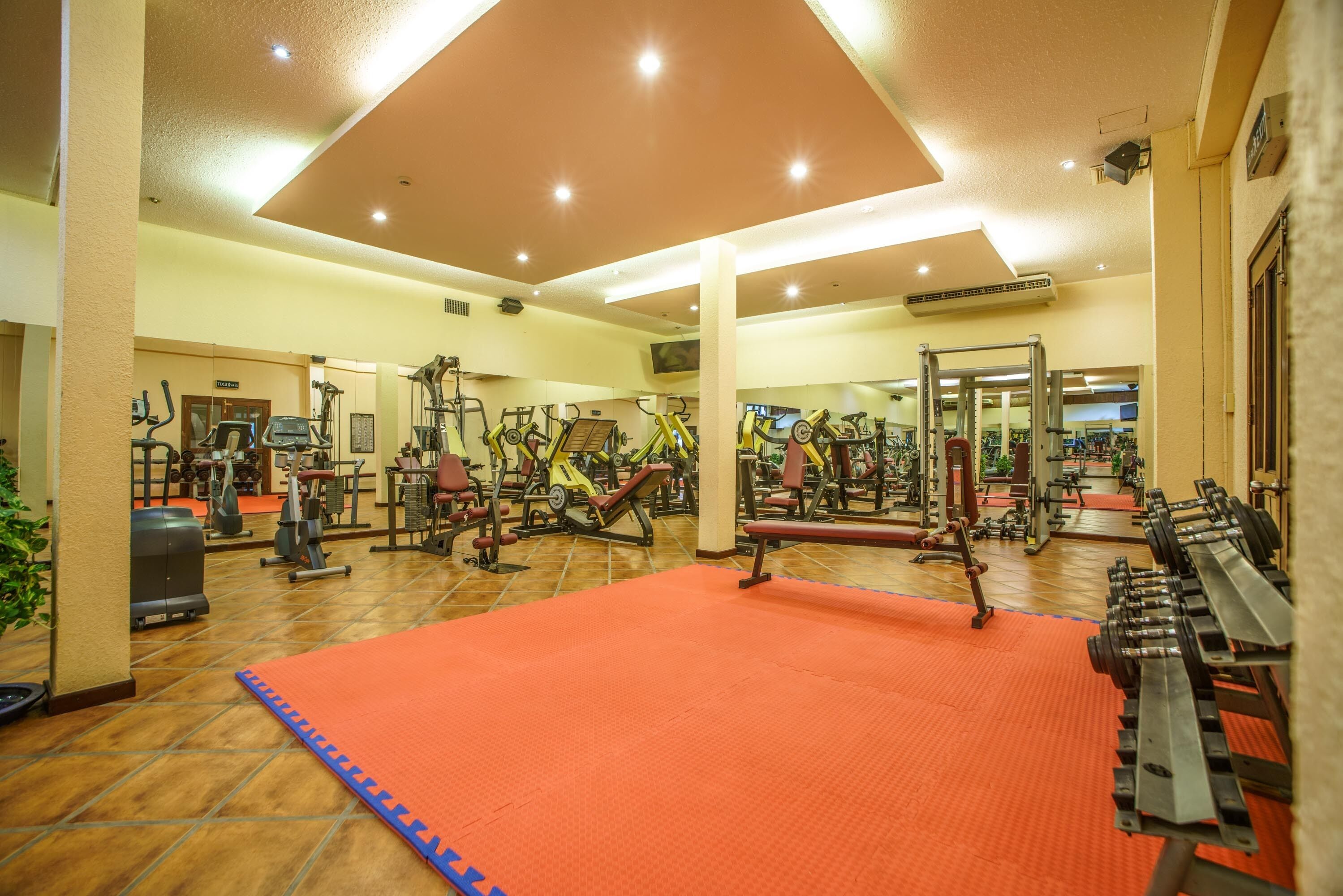Ein Fitnessraum mit Trainingsgeräten, einer roten Matte und Holzboden.