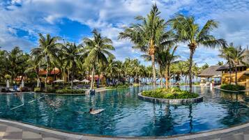 2 outdoor pools, open 6:30 AM to 8:00 PM, pool umbrellas, pool loungers
