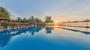 Outdoor pool, pool umbrellas, pool loungers