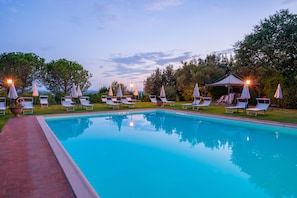 Seasonal outdoor pool, pool umbrellas, pool loungers