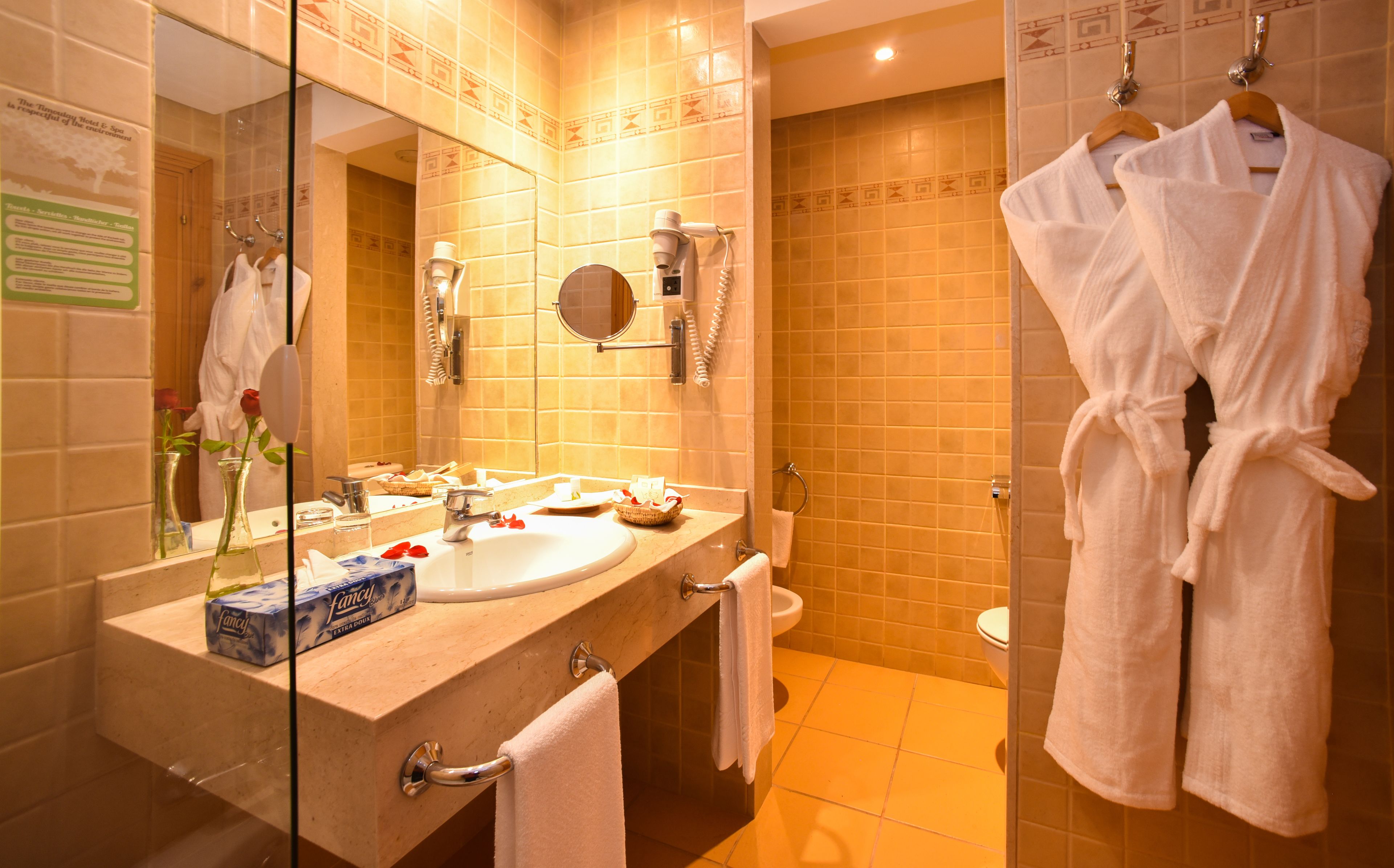 free toiletries, hair dryer, bidet, towels