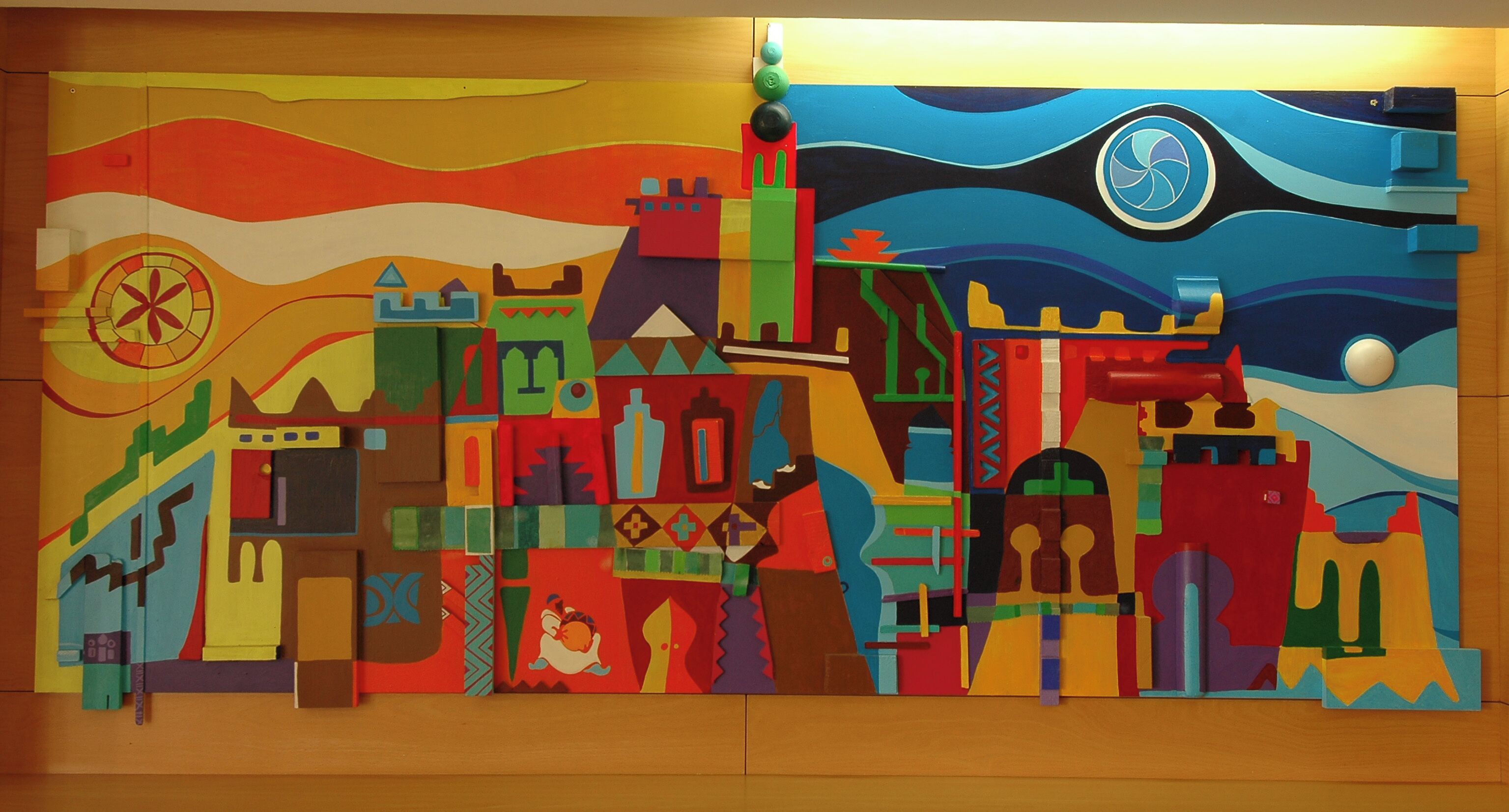 A colorful abstract mural with geometric shapes and patterns.
