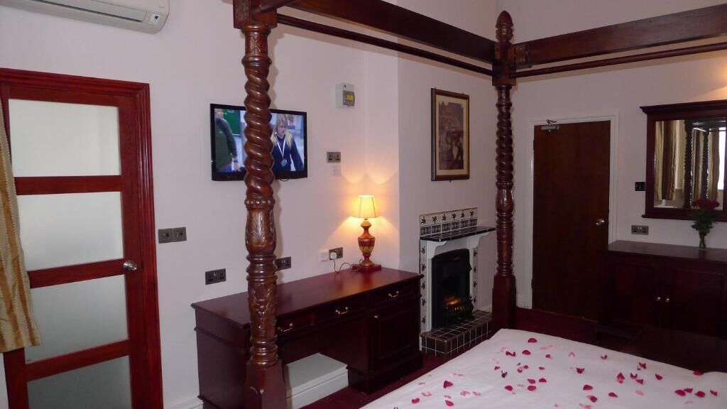 A four-poster bed with rose petals, a television, a fireplace, and a mirror in a hotel room.