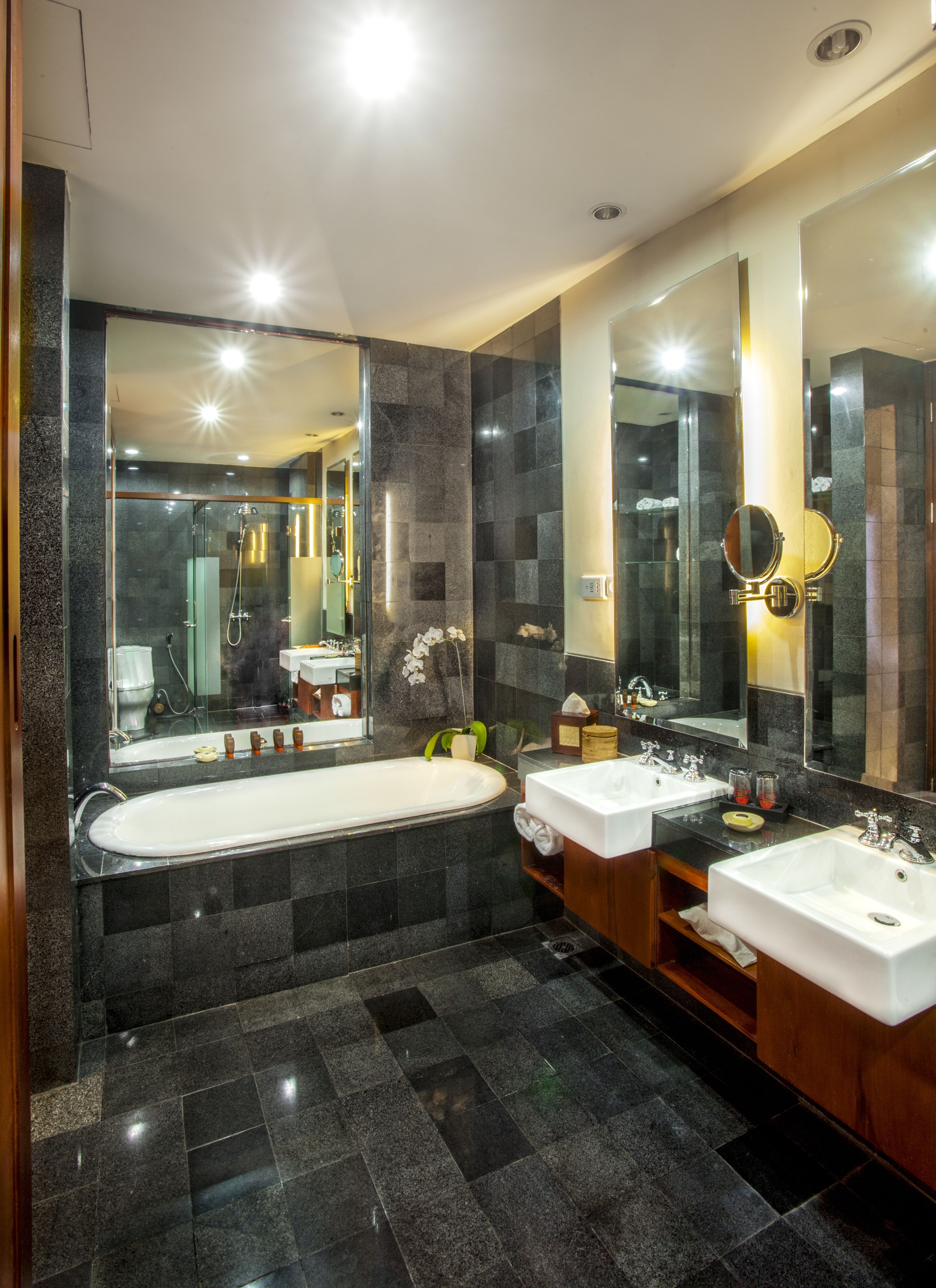family room | bathroom | shower, rainfall showerhead, eco-friendly toiletries, hair dryer
