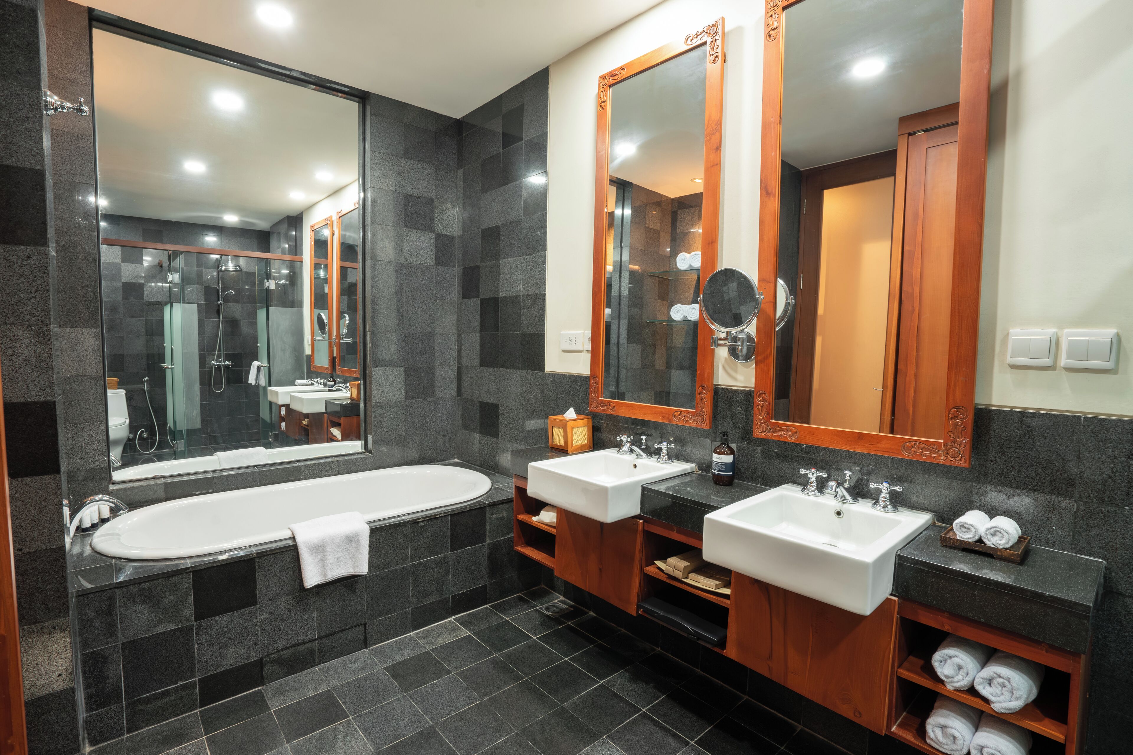 family room | bathroom | shower, rainfall showerhead, eco-friendly toiletries, hair dryer