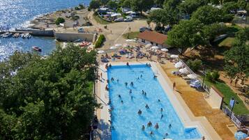 Outdoor pool, pool umbrellas, pool loungers