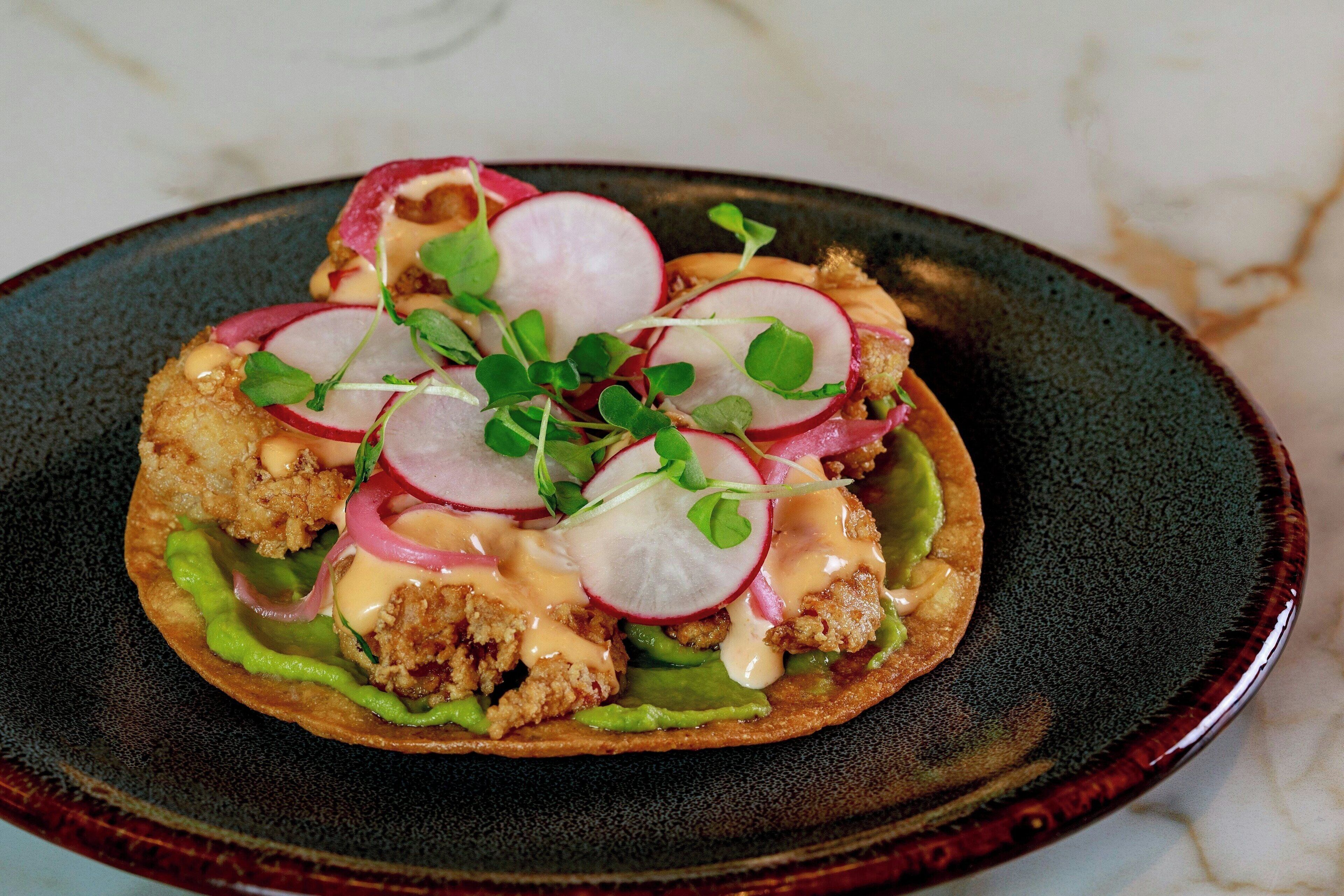 A plate with a food item topped with radishes, greens, and a creamy sauce.