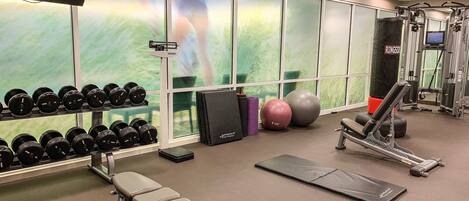 A gym with exercise equipment, dumbbells, and exercise balls.