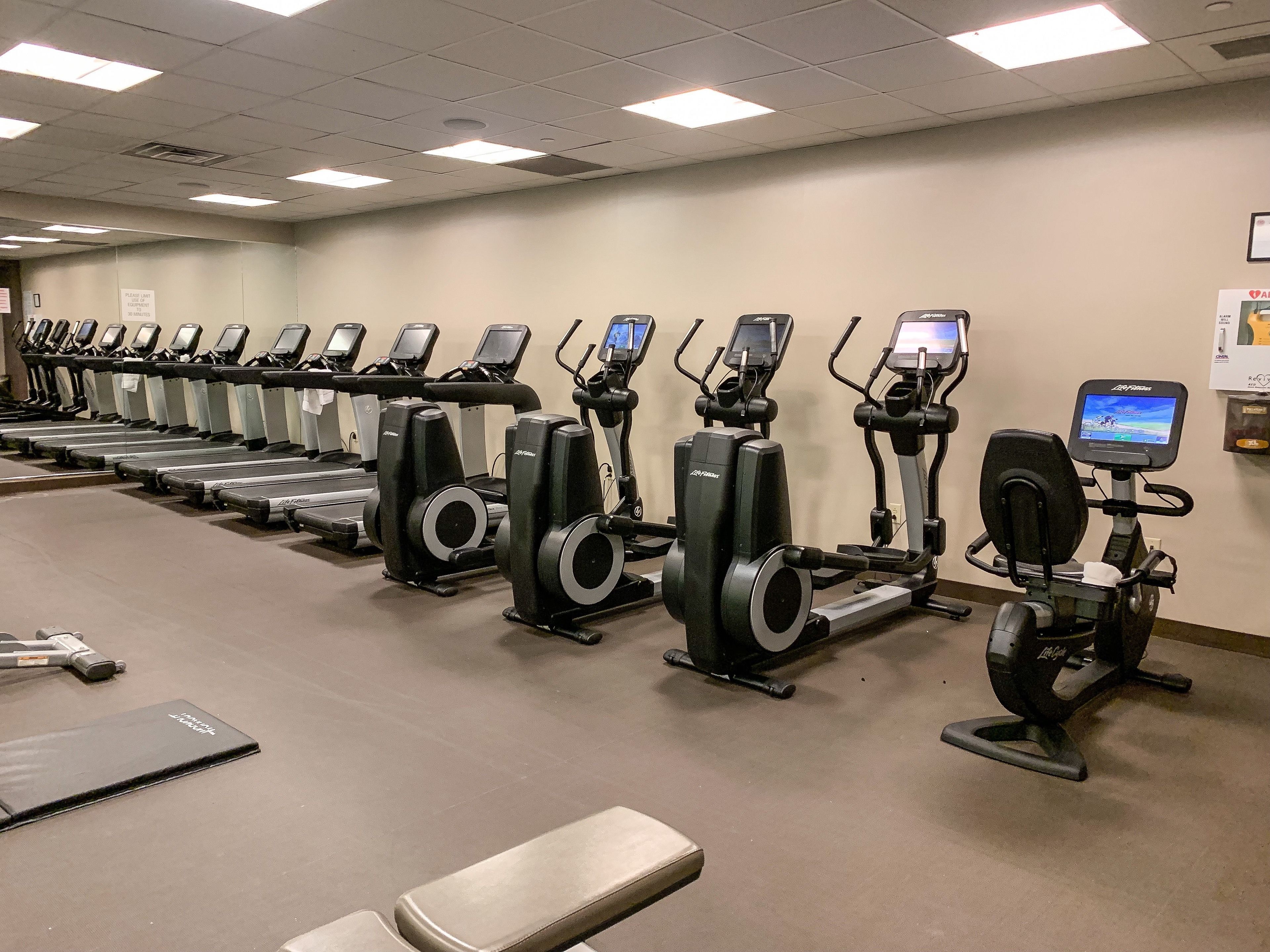 Une rangée de vélos d’appartement dans une salle de sport, avec un sol carrelé et propre et un mur sobre.