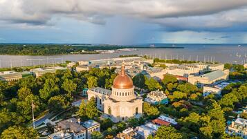 An aerial view of a city with a prominent domed building surrounded by lush greenery and residential areas.