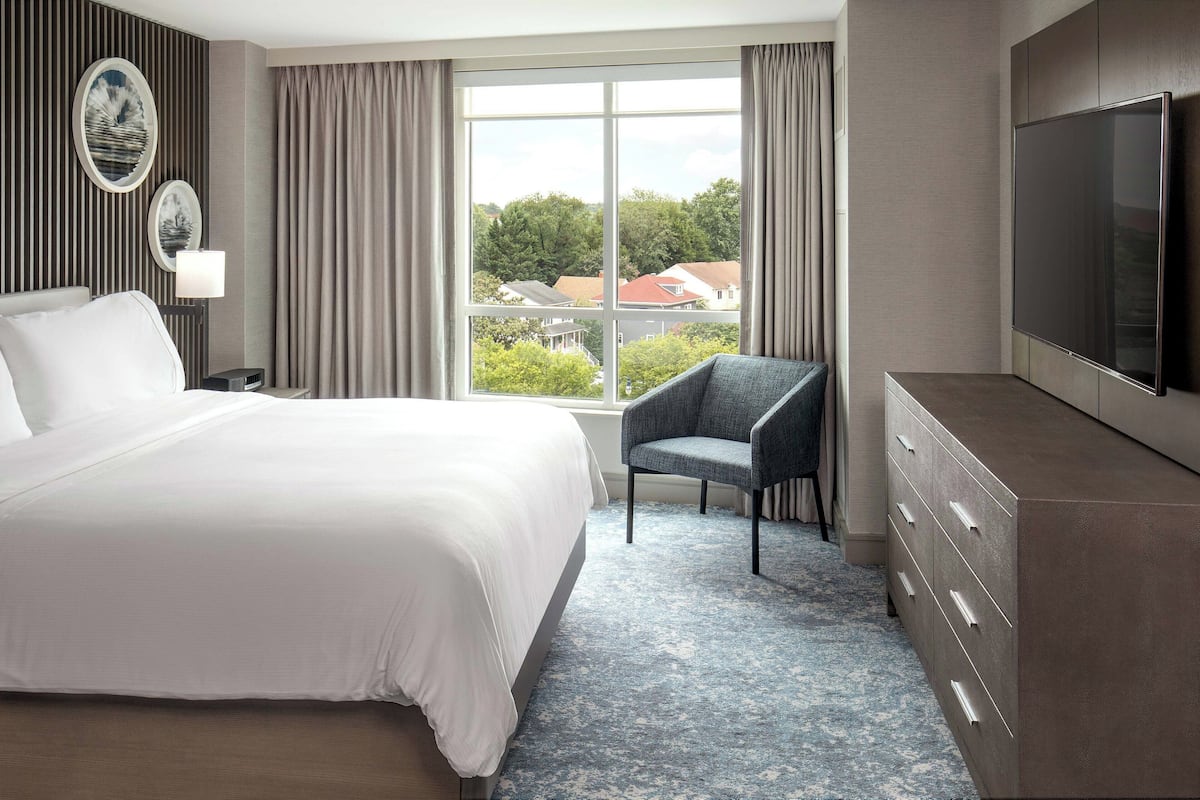 A hotel room with a large bed, a chair, a dresser, a TV, and a window with a view of houses and trees.