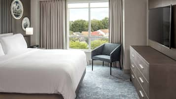A hotel room with a large bed, a chair, a dresser, a TV, and a window with a view of houses and trees.