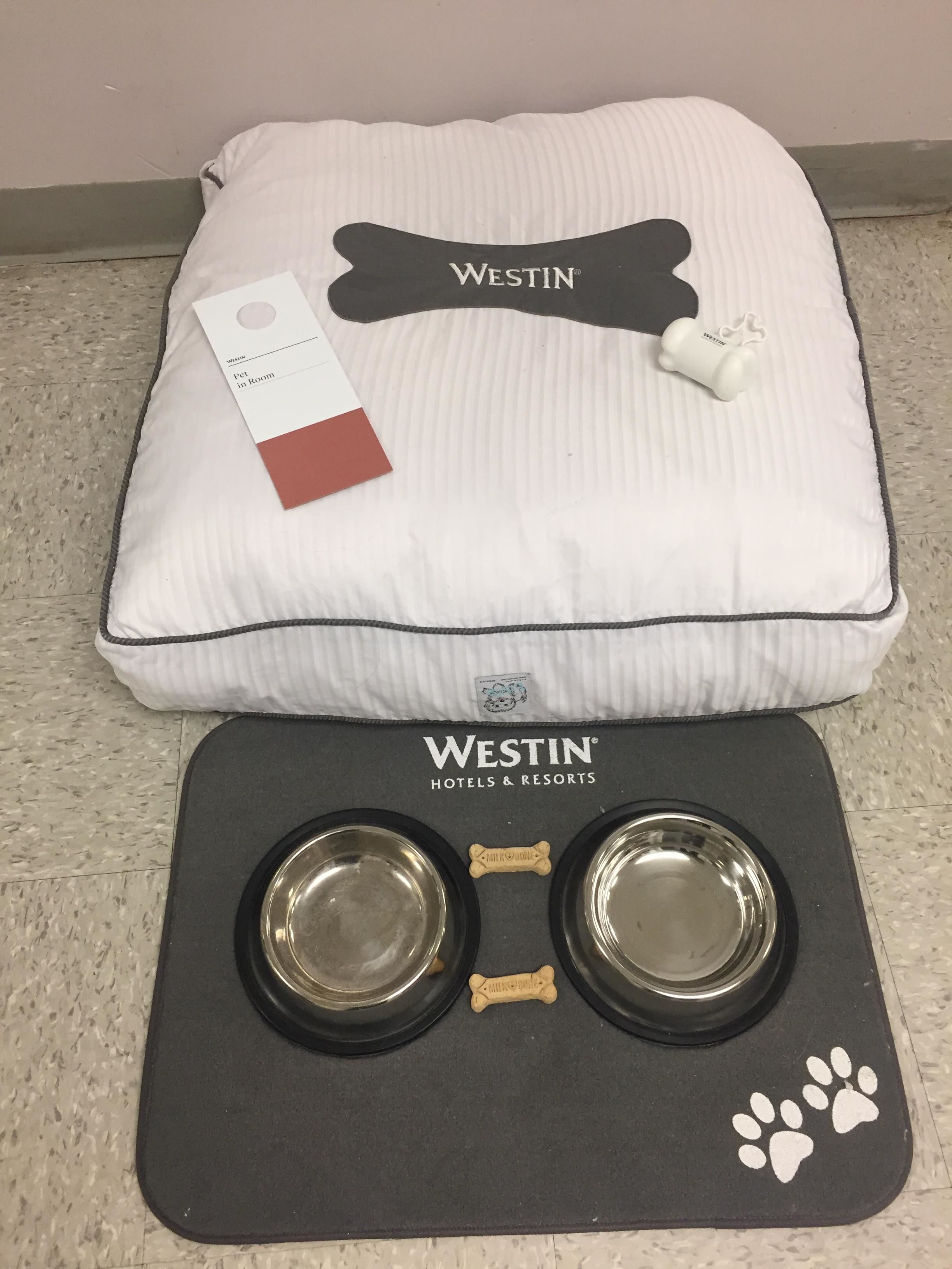 Een huisdiervriendelijk bed met een tag en een Westin Hotels & Resorts voerstation voor huisdieren, compleet met twee kommen en een koekje in de vorm van een bot.