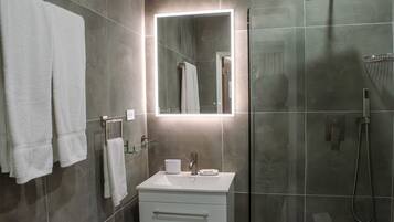 A modern bathroom with a glass shower enclosure, a white sink, and a mirror with integrated lighting.