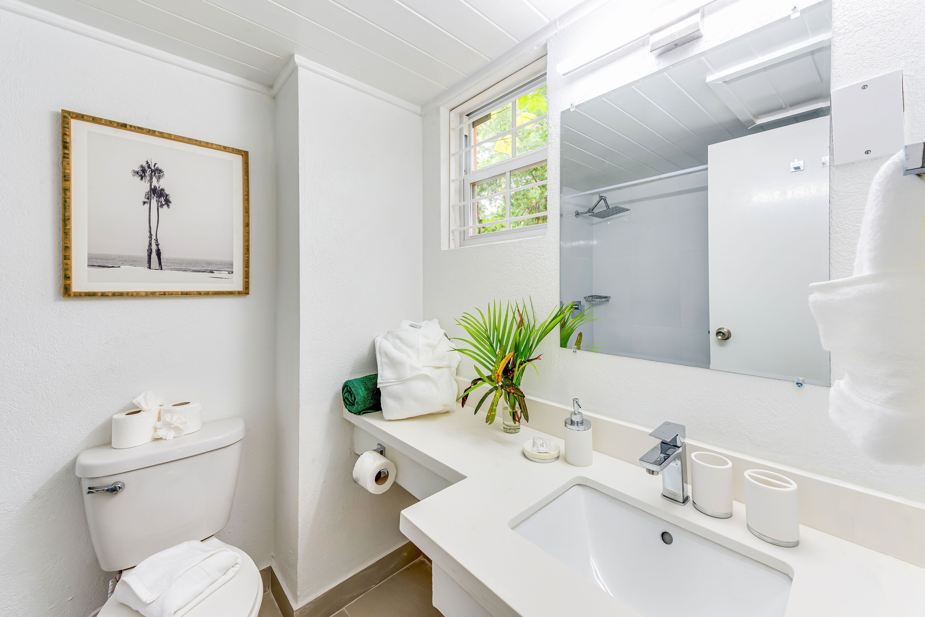 A modern bathroom with a toilet, sink, and shower. There is a framed picture on the wall, a towel on the toilet, and a plant on the sink counter.