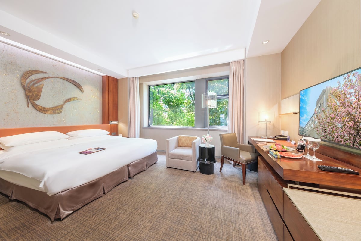 A hotel room with a large bed, two armchairs, a desk with a TV, and a window with a view of greenery.