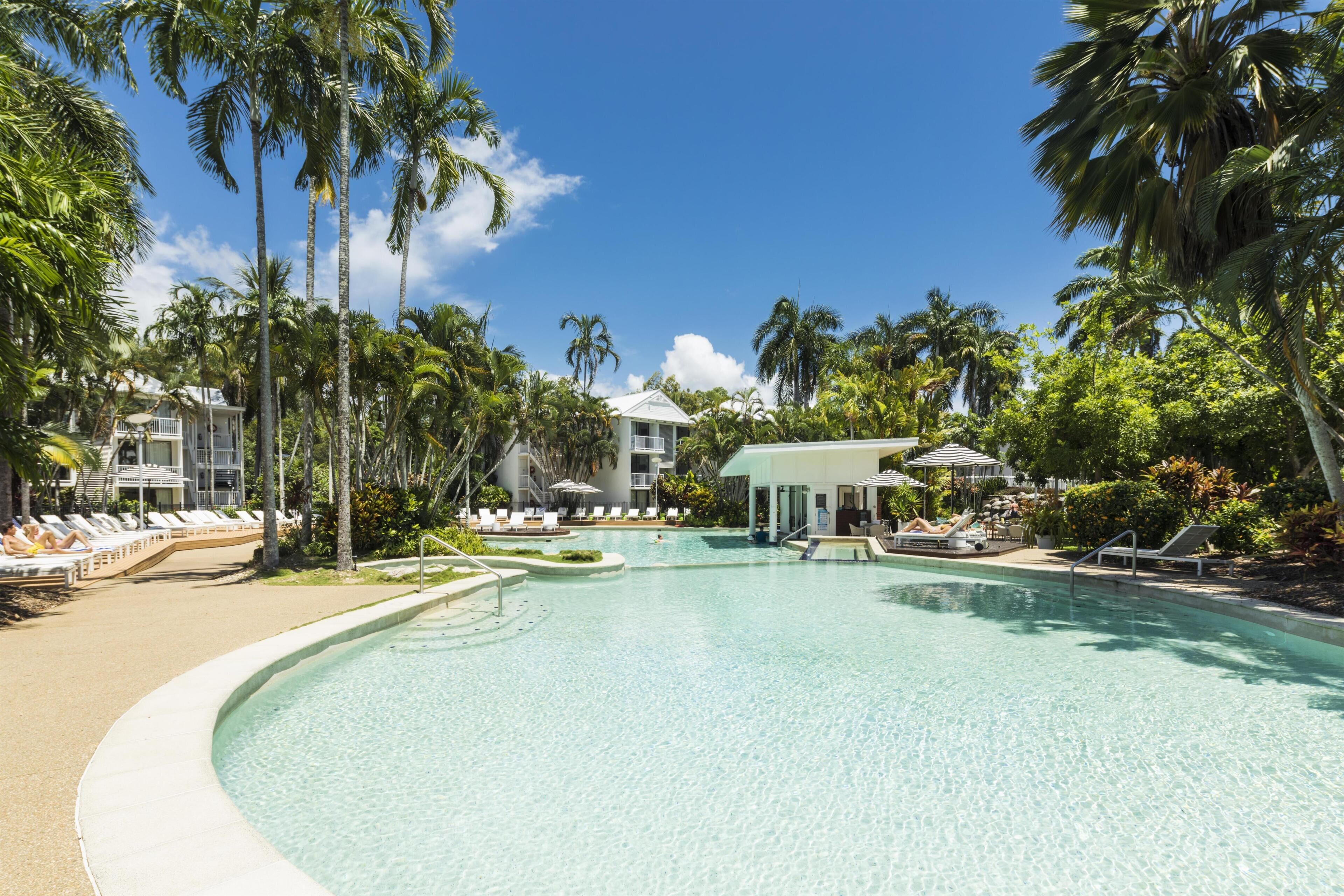A resort pool surrounded by palm trees and lounge chairs.