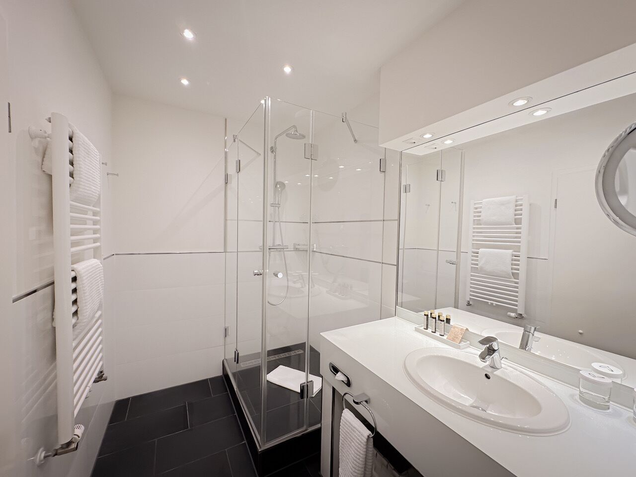 A modern bathroom with a glass-enclosed shower, a white sink, and a large mirror.