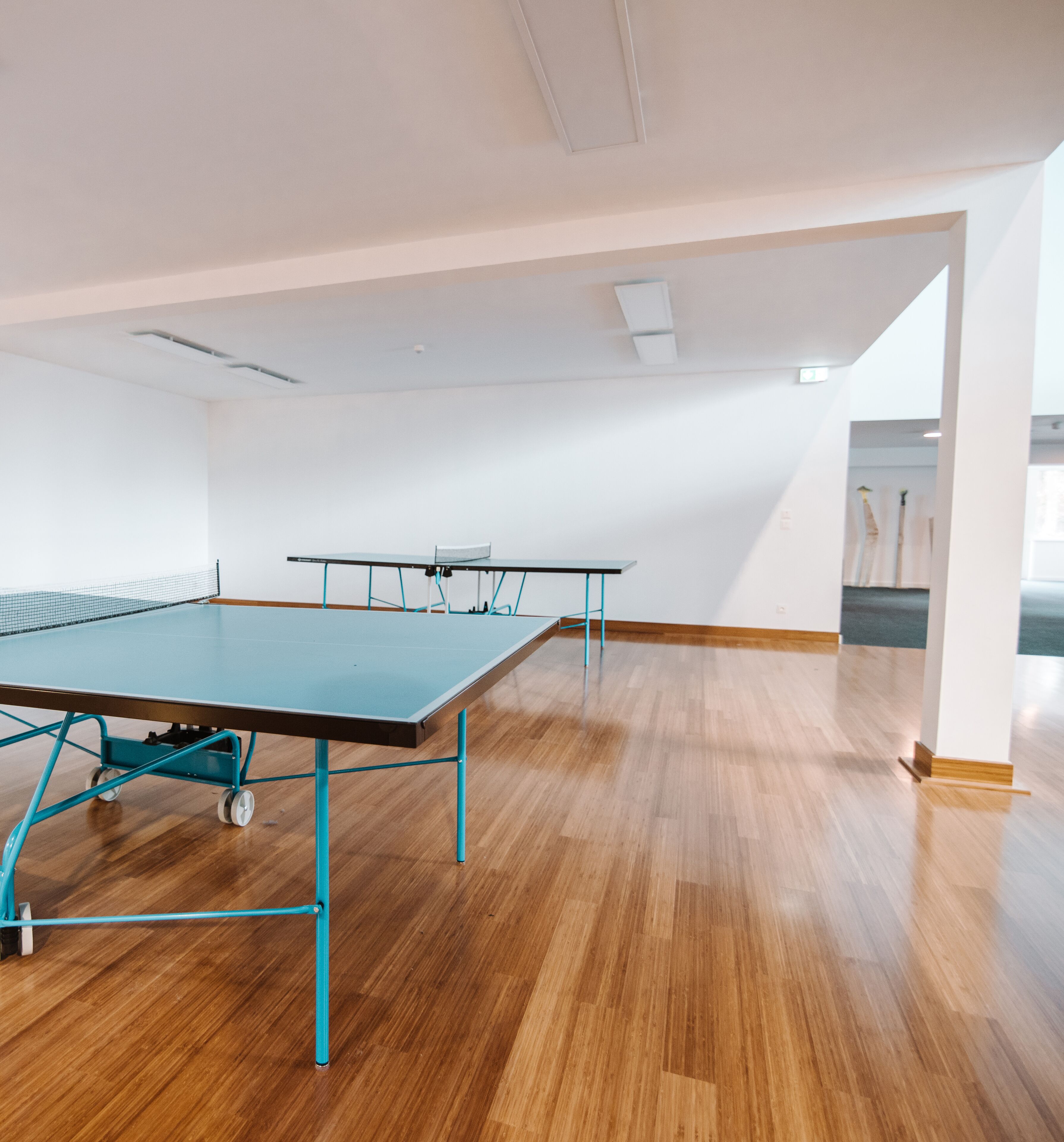 Un'ampia stanza con tavolo da ping pong, un secondo tavolo e pavimento in legno.