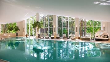 Indoor pool, open 7:00 AM to 9:00 PM, sun loungers