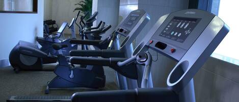 Reihe von Cardiogeräten in einem Fitnessstudio mit großem Fenster und Pflanze im Hintergrund.