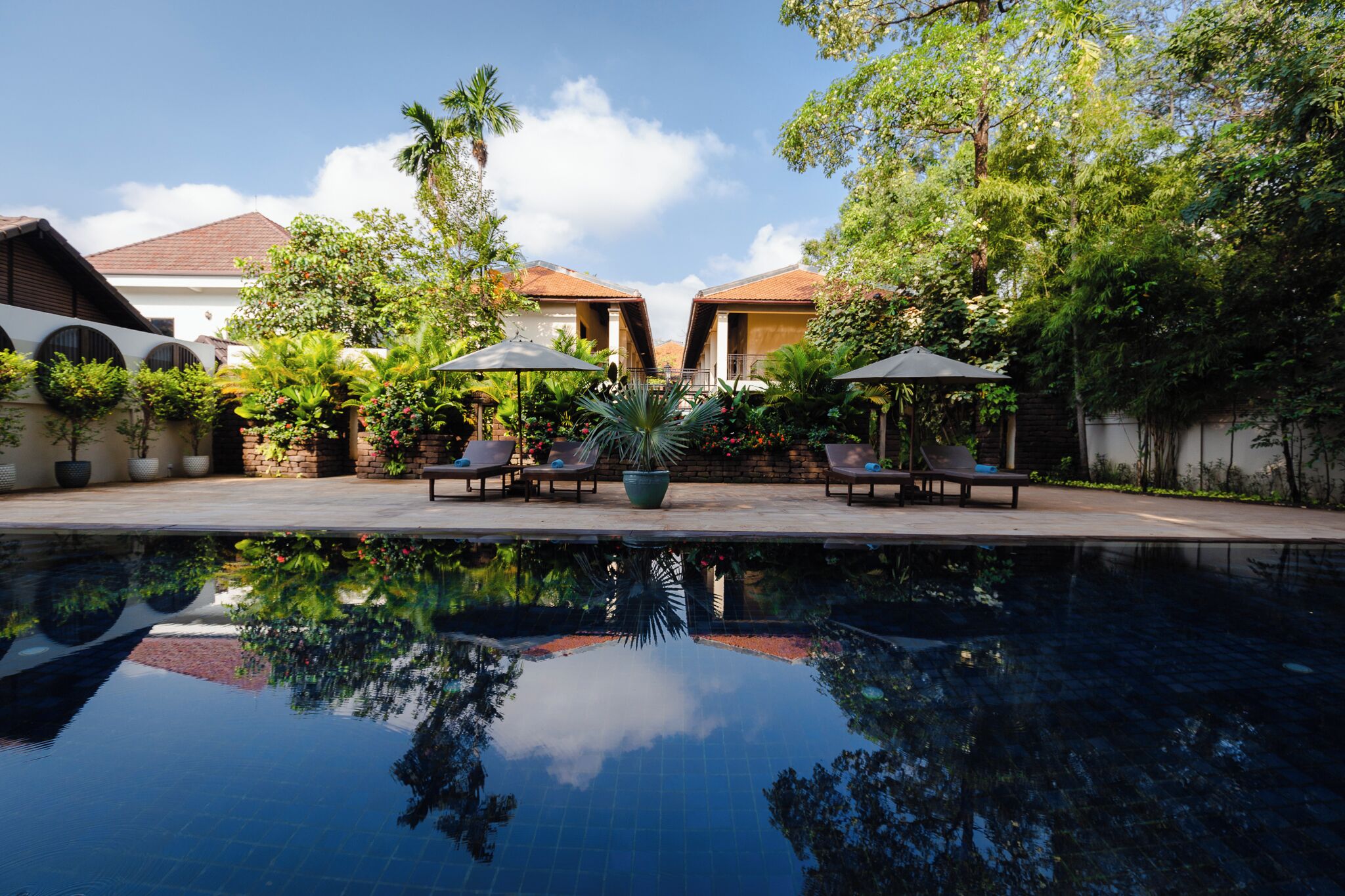 A pool area with lounge chairs and umbrellas, surrounded by lush greenery and a clear sky.