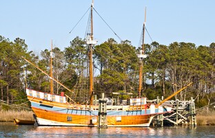 Un gran barco de vela con múltiples mástiles amarrado en un muelle rodeado de un bosque denso.