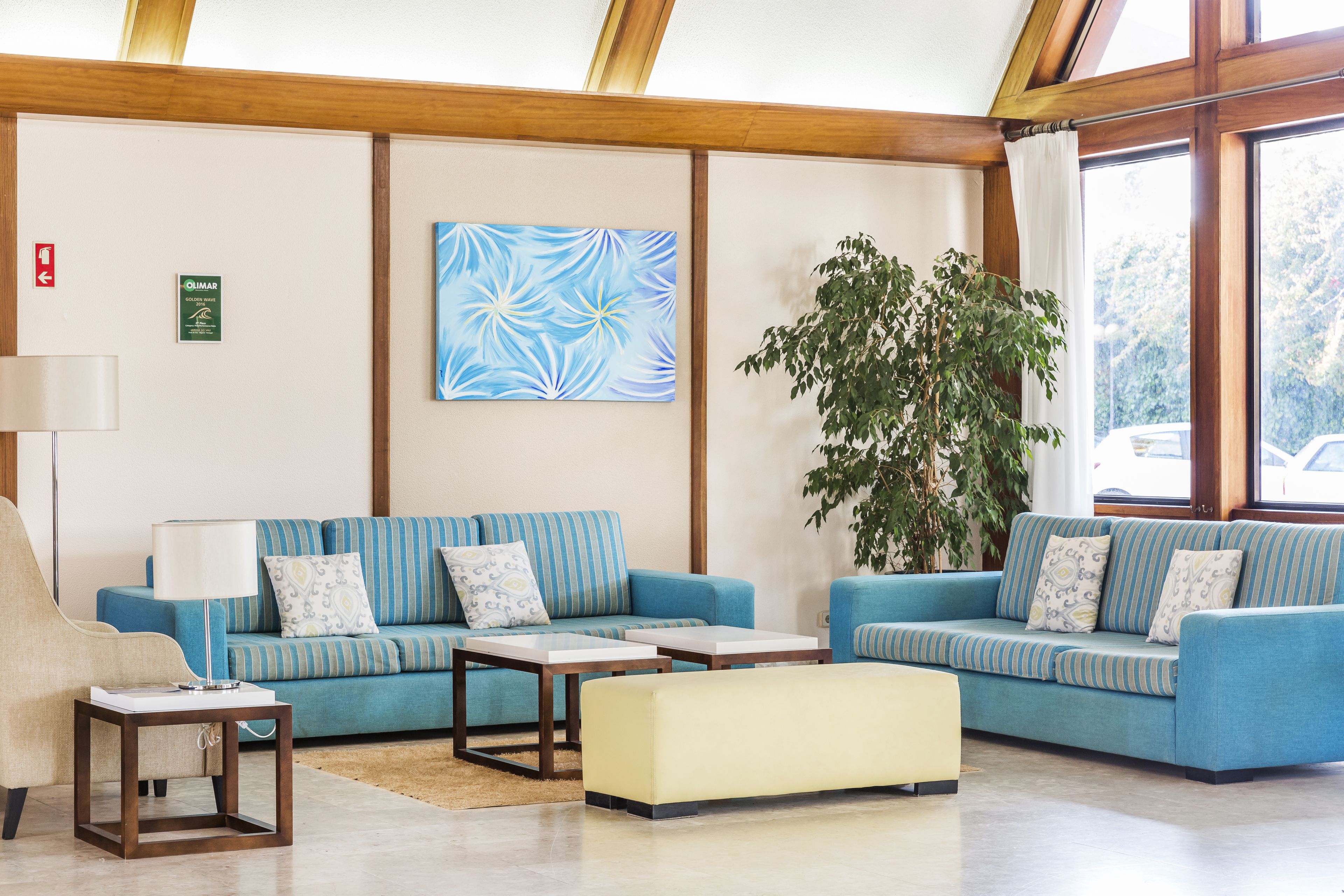 Un salon moderne avec deux canapés bleus, un fauteuil beige, une petite table et une grande plante.