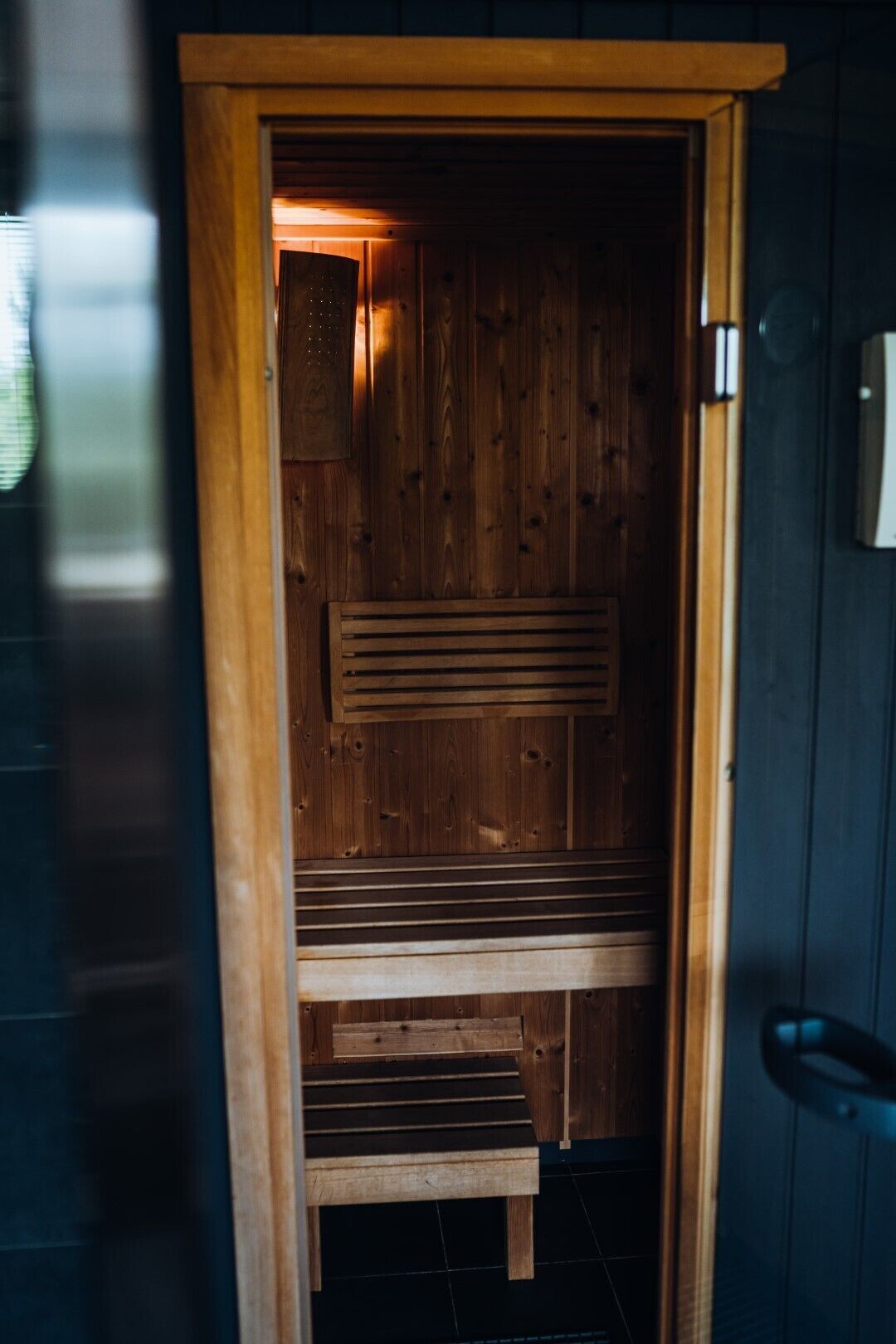 Una sauna con paredes y bancos de madera.