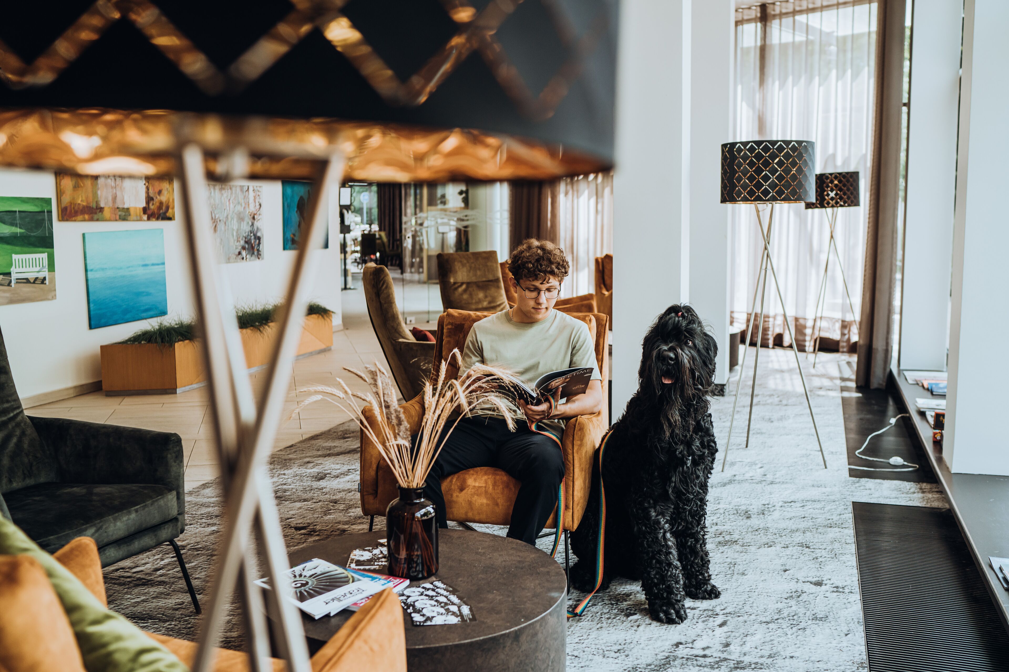 A modern living room with a person reading a magazine, a black dog, and a large window with floor lamps.