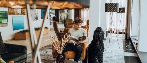 A modern living room with a person reading a magazine, a black dog, and a large window with floor lamps.