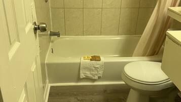 A bathroom with a bathtub, toilet, and wooden flooring.