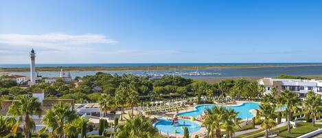 Sisäuima-allas, ulkouima-allas, aurinkovarjoja, aurinkotuoleja